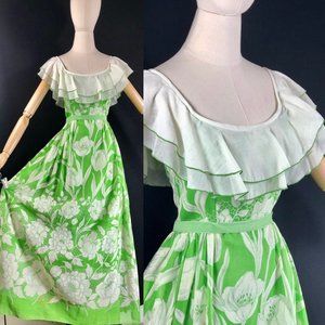 sheer cotton green white floral / Maxi Long hippie